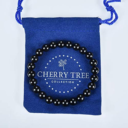 Cherry Tree Collection Gemstone Beaded Stretch Bracelet 8mm Round Beads 7" - color: Jet Stone