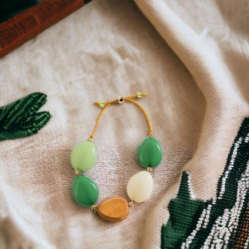 Howard's Green Genuine Glass and Wood Bead Adjustable Cord Bracelet for Women