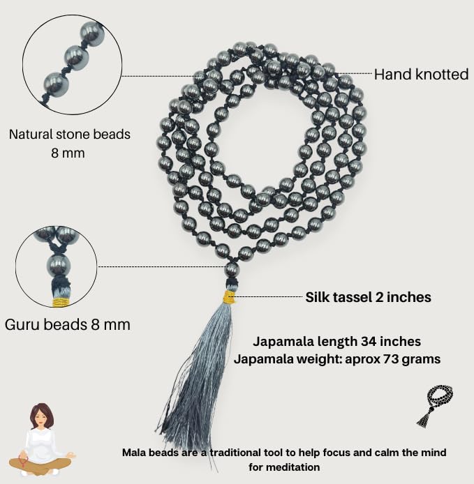 GEMSCITE Japa Mala 108 Prayer Beads Perfect for Meditation Spiritual Mala Necklace & Wrist Mala Bracelet - color: Hematite, size: Hand Knotted