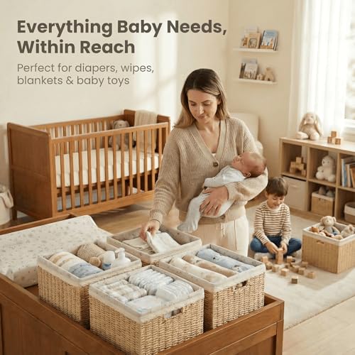 4PC Foldable 13 x 13 Storage Baskets, Handwoven Paper Rope with Reinforced Structure, Removable Liner, No Sharp Edges, Odor-Free, for Nursery, Living Room, Closet, Bedroom, Shelves