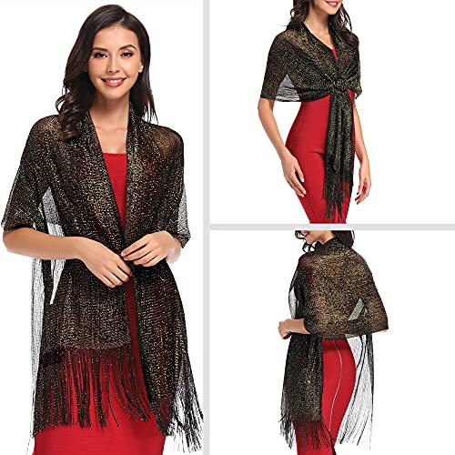 vimate Sparkling Metallic Shawls and Wraps for Evening Party/Wedding/Formal Dresses (With Free Buckle) - color: H#. Black & Glod (With Black Buckle)