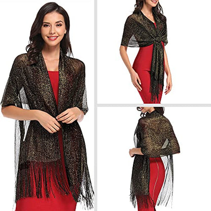 vimate Sparkling Metallic Shawls and Wraps for Evening Party/Wedding/Formal Dresses (With Free Buckle) - color: H#. Black & Glod (With Black Buckle)