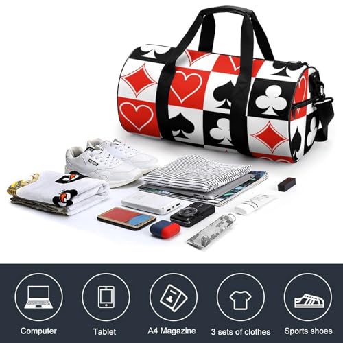 Suits Hearts Diamonds Clubs Spades Grid Poker Playing Cards Cylindrical Portable Fitness Bag, Large Capacity Handbag - color: suits hearts diamonds clubs spades Grid Poker