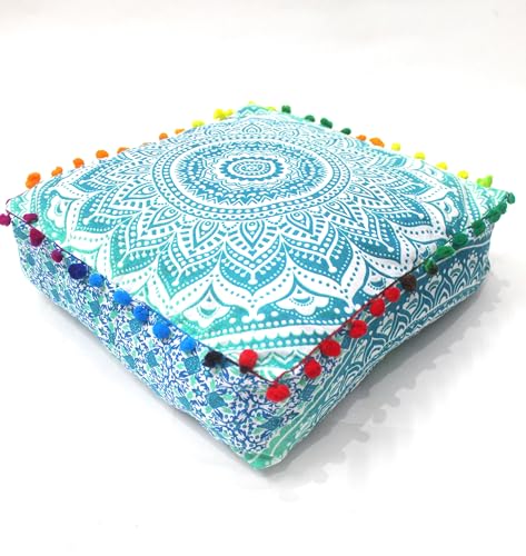 CRAFT KALA Green Ombre Large Hippie Mandala Meditation Floor Ottoman Pillow Cushion Pouf Cover Square Poufs Bohemian Circle Floor Cushion Case Outdoor Fireplace Yoga Living Room Decor Cover 16" Square - color: Green, size: 16"D x 16"W x 5"H