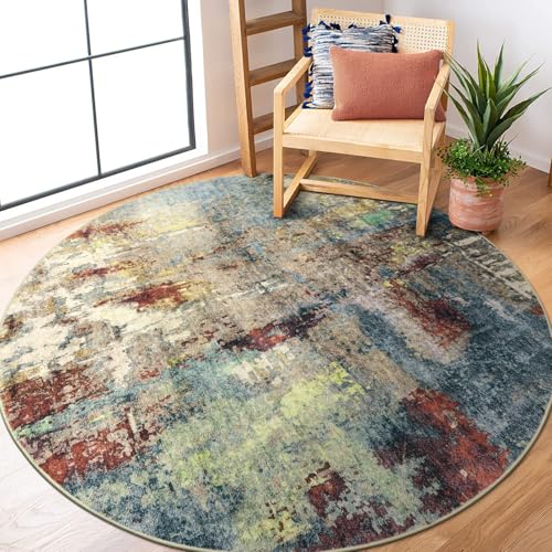 Lahome Modern Abstract Round Rug 5ft - Washable 5x5 Circle Rugs for Bedroom Dining Table Non Slip Non-Shedding, Soft Floor Carpet for Living Room Nursery Dorm Kitchen,Red/Multi - color: Red/Multi, size: 5' Round