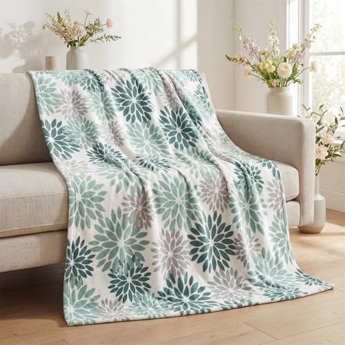 Horaldaily Green Grey Dahlia Pinnata Flannel Blanket Throw, Spring Summer Autumn Floral Soft Fuzzy Plush Cozy Fleece Blanket for Couch Sofa Bed Lounging, Ideal Gifts for Kids Adults Self, 50x60 - color: Green Grey, size: Throw(50x60'')