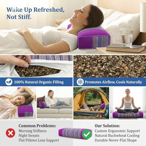Buckwheat Pillow & Cervical Pillows for Sleeping (21x8x3inch) 100% Organic Coarse Cloth Package w Organic Buckwheat Hulls, Natural Cooling Technology and Relieve Cervical Pain. (Purple) - color: Purple