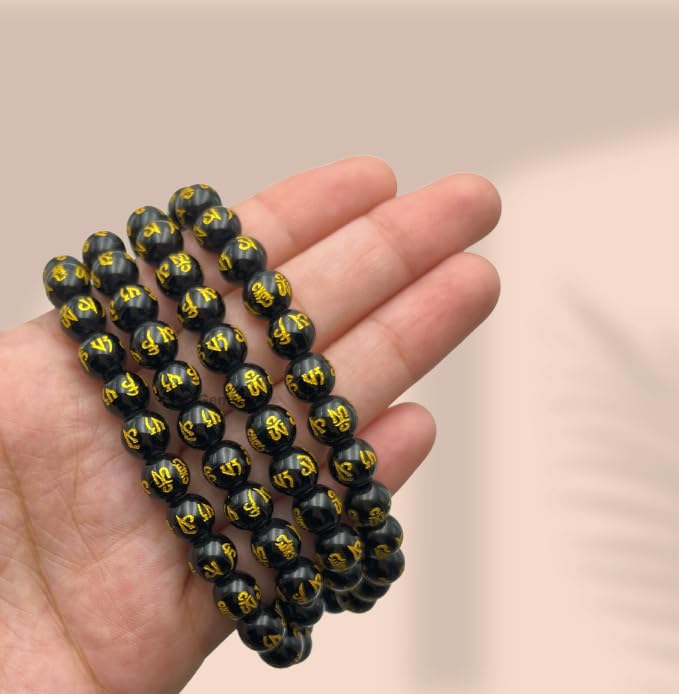 GEMSCITE Japa Mala 108 Prayer Beads Perfect for Meditation Spiritual Mala Necklace & Wrist Mala Bracelet - color: Black Agate (Om), size: Without Knots
