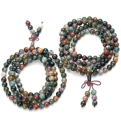 Jovivi 108 Mala Beads Bracelet 6mm 8mm Natural Indian Agate/Green Moss Agate Gemstone Healing Crystal Stone Beaded Bracelet Hand Knotted Prayer Mala Beads Necklace for Yoga Meditation Balance - color: 8mm - Indian Agate