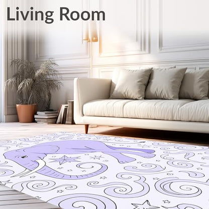 Flatwoven High Traffic Area Rug 4x6, Whimsical Elephant Dreamscape with Scattered Constellation Motifs, Non Slip, Stain Resistant, Washable Area Rugs for Living Room, Bedroom (Purple, 4x6) - color: Purple/Pattern 12, size: 4' x 6' (Rectangular)