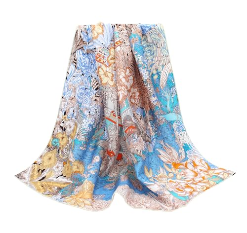 ANDANTINO 100% Pure Mulberry Silk Scarf 35" Large Square Lightweight Headscarf –Women’s Hair Wraps-With Gift Packed - color: Brown&blue-twill