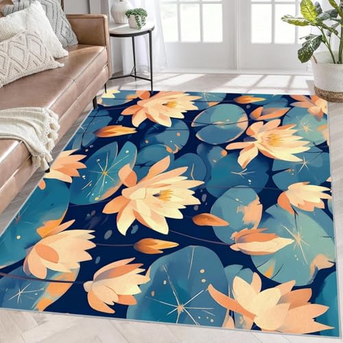 Blue Rugs for Living Room - Vintage 3x5 Rug for Bedroom - Water Lily Area Rug for Kitchen Room, Non-Shedding Low Pile - Lotus Carpet Non Slip Soft Washable- Abstract Home Decor - X74 - color: Abstract X74, size: 3x5 ft,