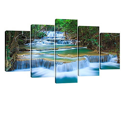 Wieco Art 5 Panels Peaceful Waterfall Giclee Canvas Prints Wall Art Paintings for Wall Decor Dining Room Kitchen Extra Large Modern Gallery Wrapped Artwork Green Landscape Pictures on Canvas XL - size: 16x24inchx2pcs,16x32inchx2pcs,16x40inchx1pc