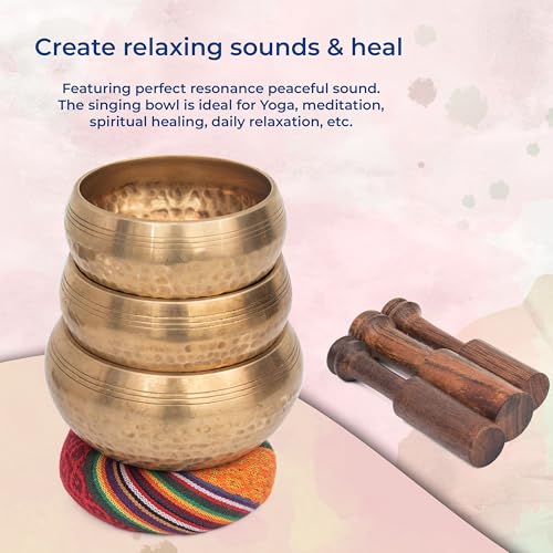 Tibetan Singing Bowl Set-Authentic Cuencos Tibetanos for Sound Healing, Meditation & Chakra Balancing - Includes Cushion, Mallet-Unique Spiritual Gifts for Women and Men (3 Chakra Bowl Set) - size: 3 Chakra Bowl Set