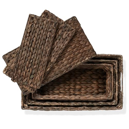 Casafield Set of 3 Water Hyacinth Storage Baskets with Lids, Espresso - Small, Medium, Large Woven Nesting Bins for Bathroom, Bedroom, Closets, Shelves
