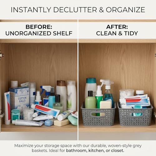 Weave Plastic Storage Basket 6-Pack, Woven Grey Baskets Bins for Organizing Bathroom, Kitchen and Office