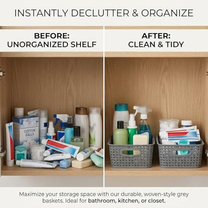 Weave Plastic Storage Basket 6-Pack, Woven Grey Baskets Bins for Organizing Bathroom, Kitchen and Office