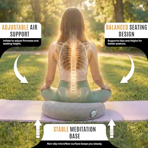 BOWERY HILL Fabric Round Inflatable Travel Meditation Cushion, Light Gray, 16 in x 5.5 in, Adjustable Air Chamber, Durable Flocked Microfiber, Lightweight Portable Design with Carry Case, Yoga or