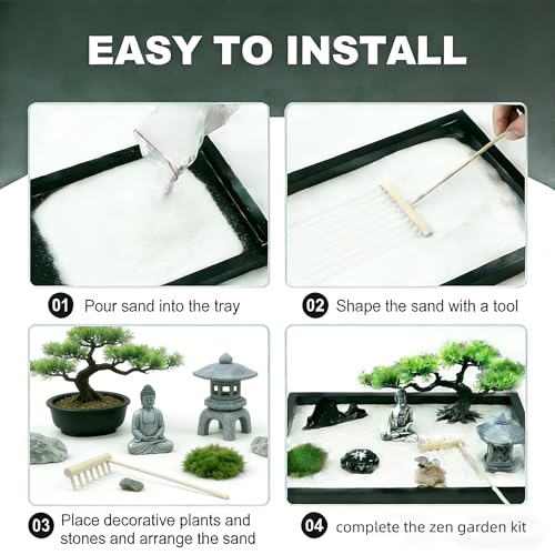 Zen Garden for Desk,Mini Oriental Antique Stone Sculpture Sand Tray, Desktop Zen Garden Kit for Adults, Meditation & Zen Decor, Unique Stress Relief Gift.