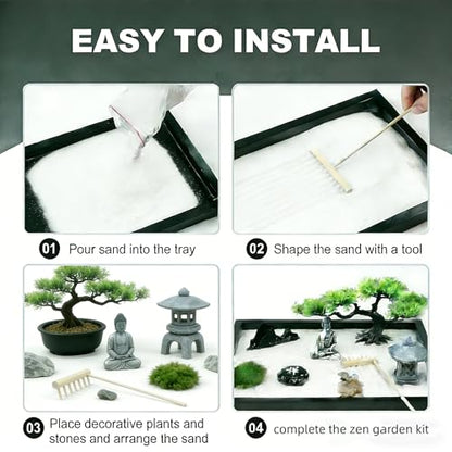 Zen Garden for Desk,Mini Oriental Antique Stone Sculpture Sand Tray, Desktop Zen Garden Kit for Adults, Meditation & Zen Decor, Unique Stress Relief Gift.