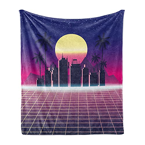 Lunarable Disco Soft Flannel Fleece Throw Blanket, Synthwave Retro City Palms Sun and Grid in Vibrant Tones, Cozy Plush for Indoor and Outdoor Use, 50" x 60", Purple Magenta - color: Purple Magenta, size: 50" x 60"