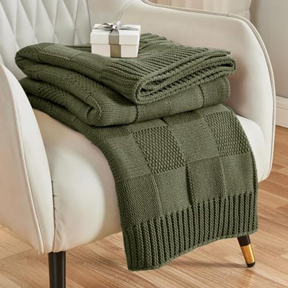 CozeCube Check Knit Throw Blanket, Olive Green Checkered Throw for Couch, Decorative Christmas Soft Cozy Warm Knitted Blanket for Bed Sofa Living Room, 50"X60"