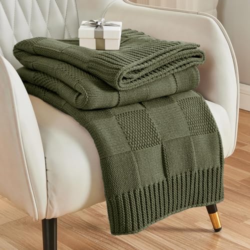 CozeCube Check Knit Throw Blanket, Olive Green Checkered Throw for Couch, Decorative Christmas Soft Cozy Warm Knitted Blanket for Bed Sofa Living Room, 50"X60" - color: Burnt Olive, size: 50"X60"