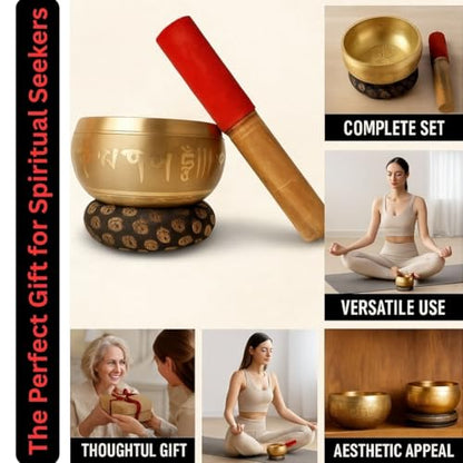 Tibetan Singing Bowl Set - Meditation Sound Bowl | Spiritual Gift for Women and Men Handmade Yoga Accessories (4" Engraved) - color: 4" Engraved
