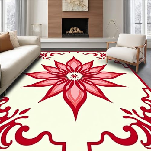 Flatwoven High Traffic Area Rug 5x7, Enchanted Lotus Blossom Meditation Yoga Healing Energy Throw, Non Slip, Stain Resistant, Washable Area Rugs for Living Room, Bedroom (Red, 5x7, Pad)