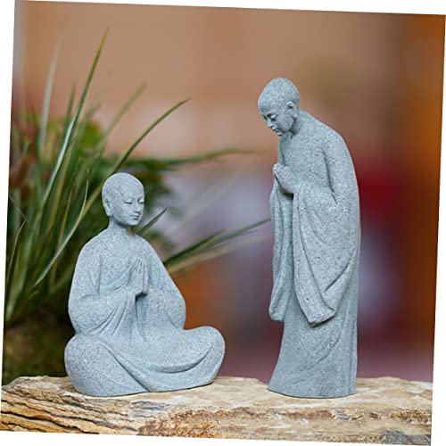 GALPADA 2pcs Stone Monk Statue Zen Garden Figurines for Indoor and Outdoor Decor Stone Material Charming Monk Sculptures for Home and Aquarium Decoration