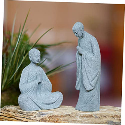 GALPADA 2pcs Stone Monk Statue Zen Garden Figurines for Indoor and Outdoor Decor Stone Material Charming Monk Sculptures for Home and Aquarium Decoration