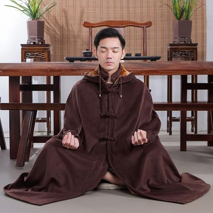 Meditation Buddhist Hooded Cloak Coat,Winter Meditation Cloak Zen Cloak Men and Women，Thick Double-Layer Plush Cloak - color: Coffee, size: XX-Large