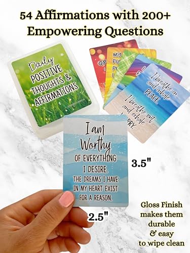 Positive Affirmation Cards - 54 Affirmations, 150+ Inspirational Questions - Beautifully designed with Storage Case, Daily Self Care Kit & Mindfulness Gift for Kids, Teens, Men & Women