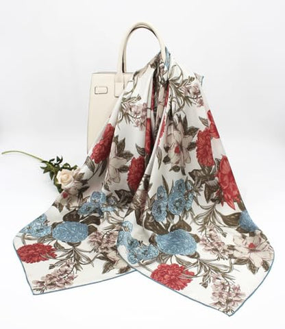 ANDANTINO 100% Silk Scarf 43" Large Square Lightweight Headscarf& Shawl–Women Hair Wraps-With Gift Packed - color: Flowers-white