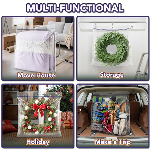 Extra Large Clear Wreath Storage Plastic Bag with Handle For Halloween Summer Christmas Decoration or Clothing Blanket Comforters Bed Sheets Pillows, 4 Pack, 34"x34"x7"