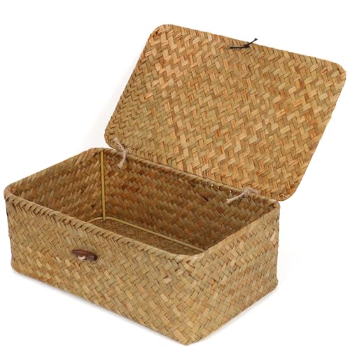 FEIALNDUO Wicker Shelf Baskets with Lid,Seagrass Storage Basket Bins Rectangular Handwoven Basket Boxes for Shelves Desktop Home Organizer (Natural, Small) - color: Natural, size: Small