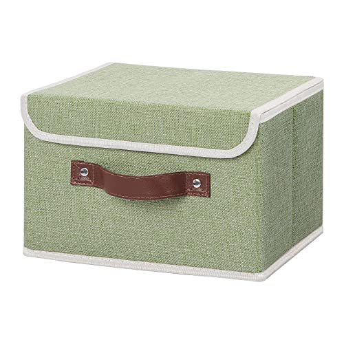ANMINY Storage Bin with Lid Storage Boxes with PU Leather Handles PP Plastic Board Decorative Foldable Lidded Cotton Linen Fabric Home Cubes Baskets Closet Organizer Container - Green, Small Size - color: Mint Green, size: Small (Pack of 1)