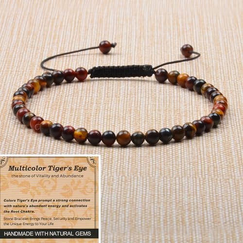 MASSIVE BEADS Handmade Yoga Natural Stone Crystal Healing Power Energy Gifts for Unisex Adult Bracelet Macrame Adjustable - color: 3-Tiger's Eye (Vitality and Abundance), size: 4mm