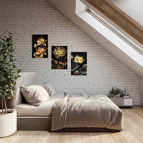 Lotus Wall Art Zen Floral Picture Decor Lotus Flower Leaf Painting Prints Modern Meditation Canvas Poster for Bathroom Yoga Spa Room Bedroom Office Home Decor Framed(Flo-02,12"x18")