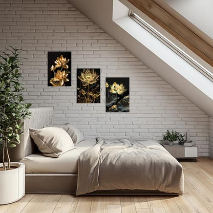 Lotus Wall Art Zen Floral Picture Decor Lotus Flower Leaf Painting Prints Modern Meditation Canvas Poster for Bathroom Yoga Spa Room Bedroom Office Home Decor Framed(Flo-02,12"x18")