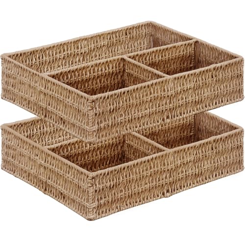 Vagusicc Wicker Divided Storage Basket, Wicker Baskets, Basket for Shelves Drawer Organizing, 3 Section Rectangular Woven Storage Baskets, 2-Pack, Natural - color: Paper Rope (Natural), size: 3 Large Section