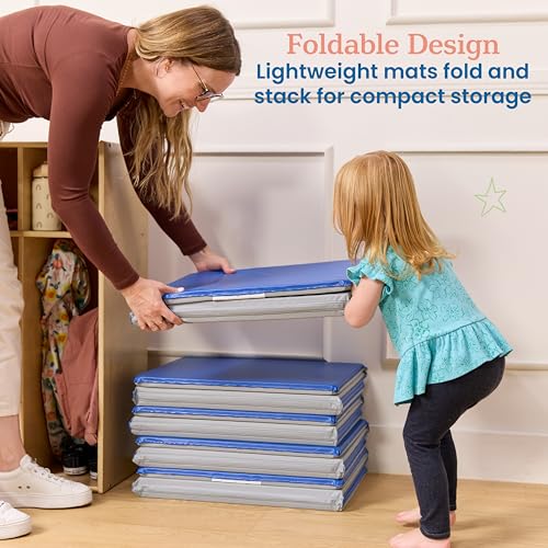 ECR4Kids Everyday Folding Rest Mat, 3-Section, 1in, Sleeping Pad, Blue/Grey, 5-Pack