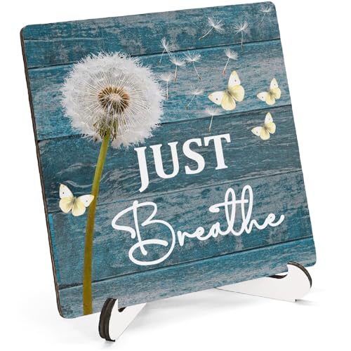 Just Breathe Wooden Decor 5"X5", Just Breath Wooden Desk Table Sign for Home Office Restroom Living Room Bathroom, Funny Quote Decorative Gifts for Man Woman Friends (5x5 Inch) - color: Breathe Calm