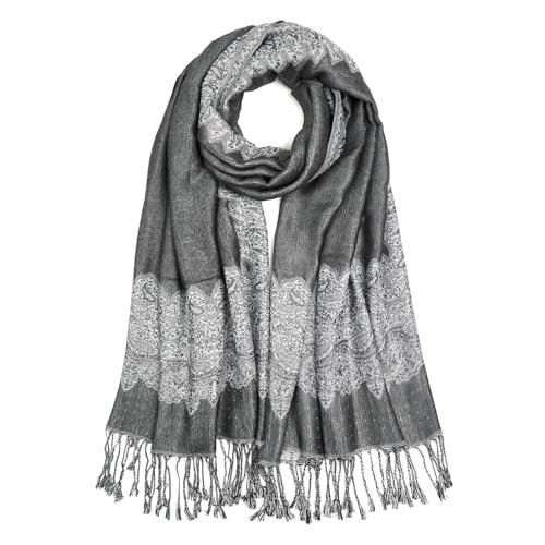 QIUTIMIY Paisley Pashmina Shawls and Wraps for Women Reversible Jacquard Festival Rave Pashmina Scarves with Fringe Vintage - color: Flower14-white Grey