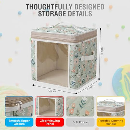 12" Soft Side Zipper Toy Storage Bag, Quilt Pattern Cloth Cube, Reusable, Clear Bag, Playroom, Bedroom & Puzzles Board Game Organizers And Storage Bin, Flowers Design - color: Flowers