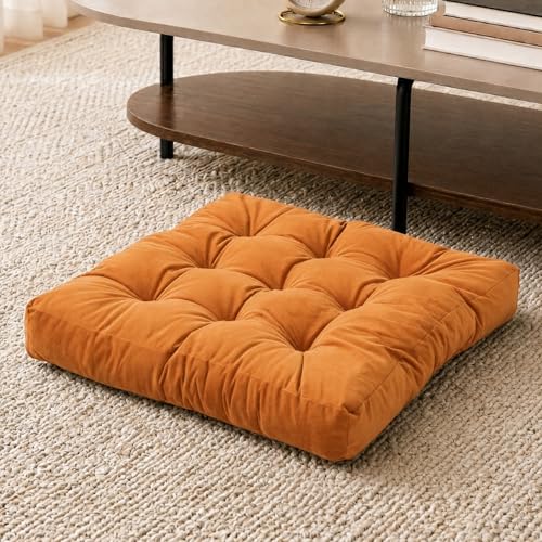 Meditation Cushion, Floor Cushion for Adults, Velvet Floor Pillow for Sitting, Tufted Seat Cushion for Yoga, Living Room, Bedroom & Reading Nook, Machine Washable, 22 x 22 Inch, Orange - color: Orange, size: 1pack