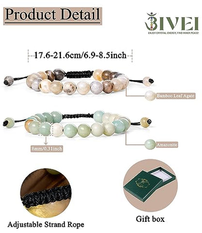 Bivei Natural Gemstone Semi Precious Crystals Handmade Stretchy Round Beads Bracelet, Enhance Positive Energy(Adjustable Bamboo Leaf Agate & Amazonite(Good Luck) Adjustable(6.9-8.5'))
