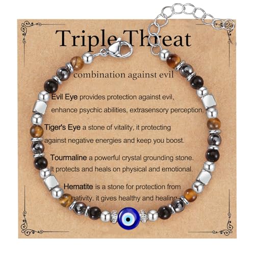 Triple Threat Protection Bracelet for Women,Evil Eye Natural Healing Crystal Beaded Bracelet for Protection - style: Evil Eye Bracelet