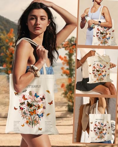 Miss Adola Aesthetic Canvas Tote Bag - Reusable Shoulder Tote Bag for Women Lady Casual Vacation, Shopping, Work, Gym - style: Elegant Butterfly