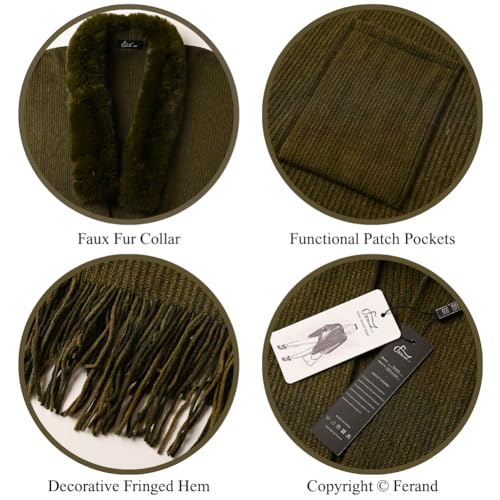 Ferand Shawl Wraps for Women, Cozy Lightweight Poncho Cape with Pockets, Warm for Fall Winter Travel - color: Army Green With Faux Fur Collar